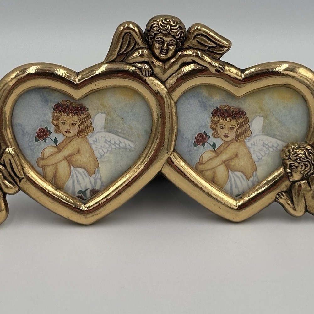 Vintage Brass Angels Trio Twin Heart Picture Frame Cherub Photo Holder Barouque - Picture 5 of 13